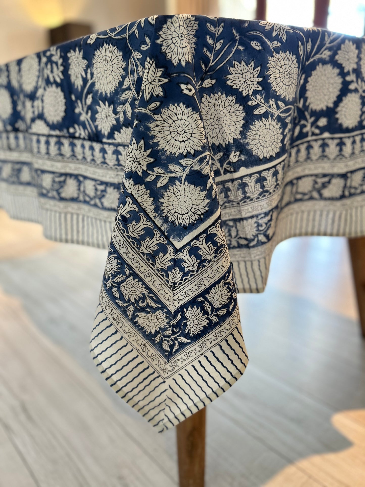 Navy blue and white floral block Print table cloth