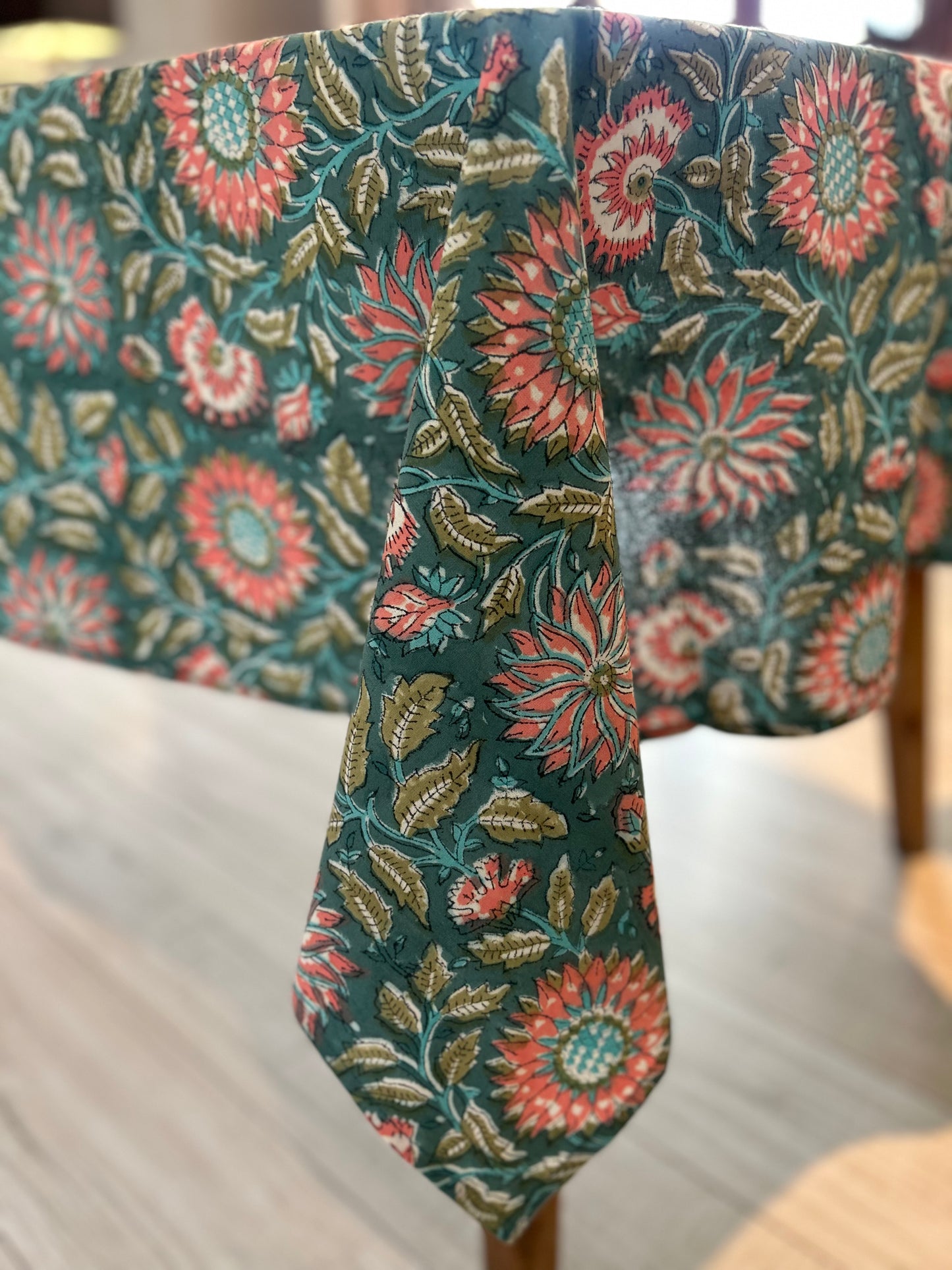 large bold stylised floral design block printed table cloth