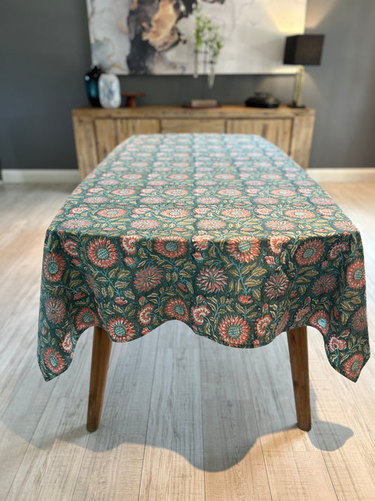 large bold stylised floral design block printed table cloth