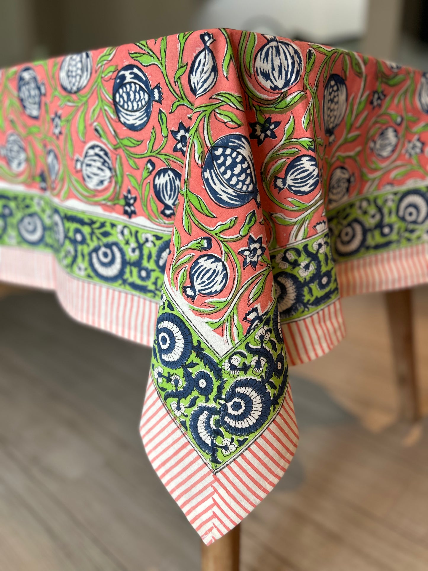 Striking orange, green and blue floral block print table cloth