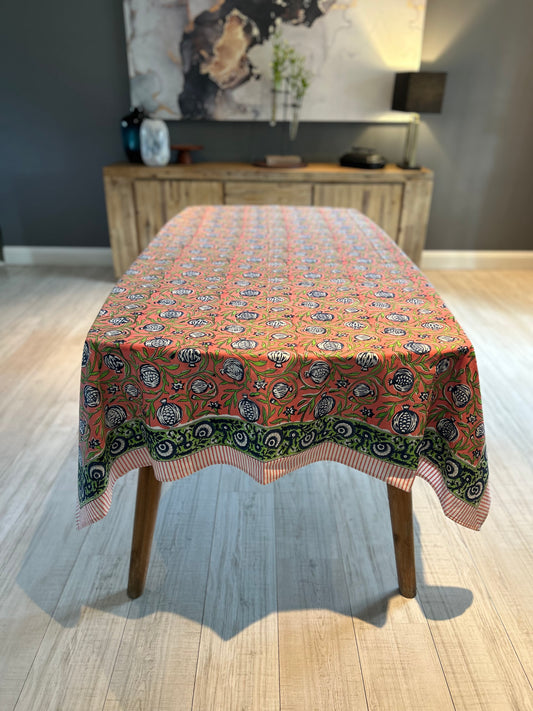 Striking orange, green and blue floral block print table cloth