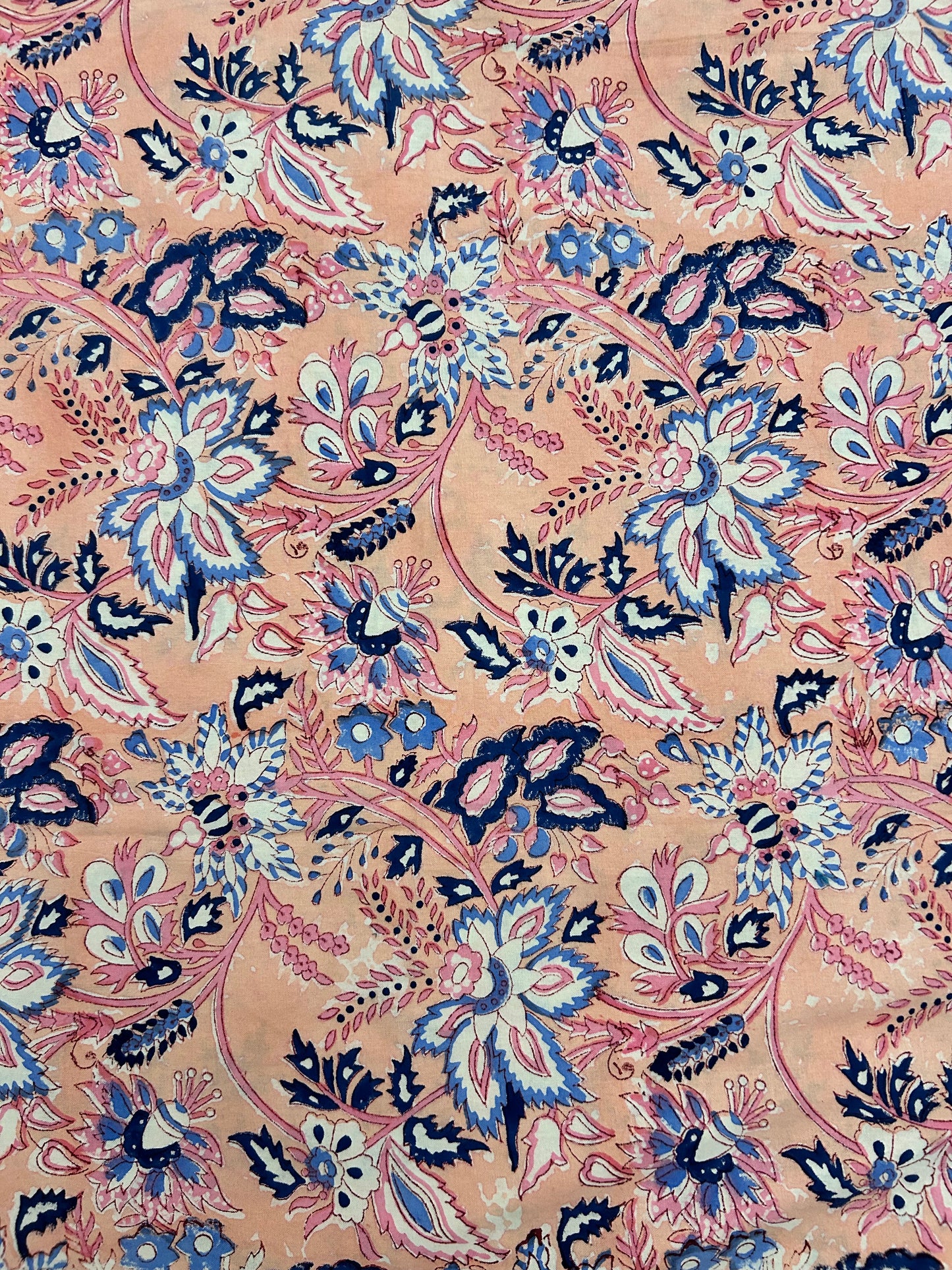 Pink and navy floral fantasy block printed table cloth
