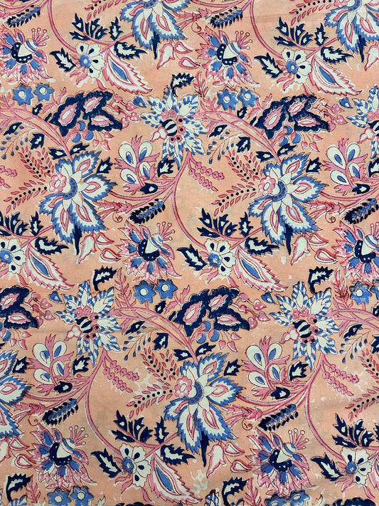 Pink and navy floral fantasy block printed table cloth