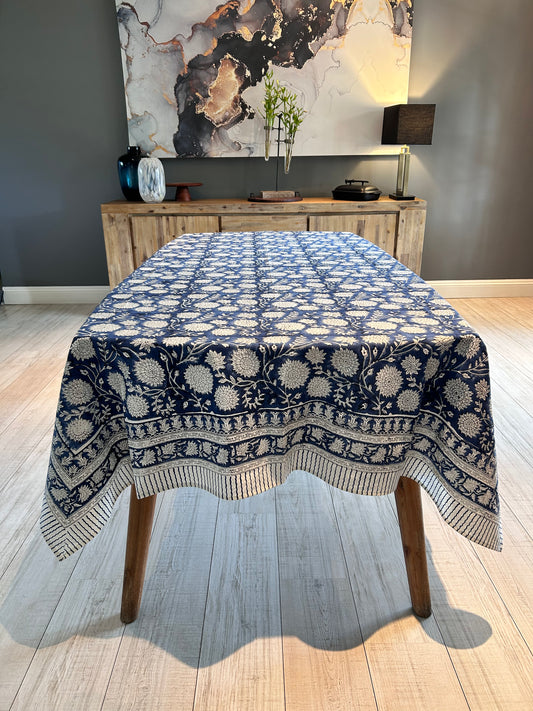 Navy blue and white floral block Print table cloth