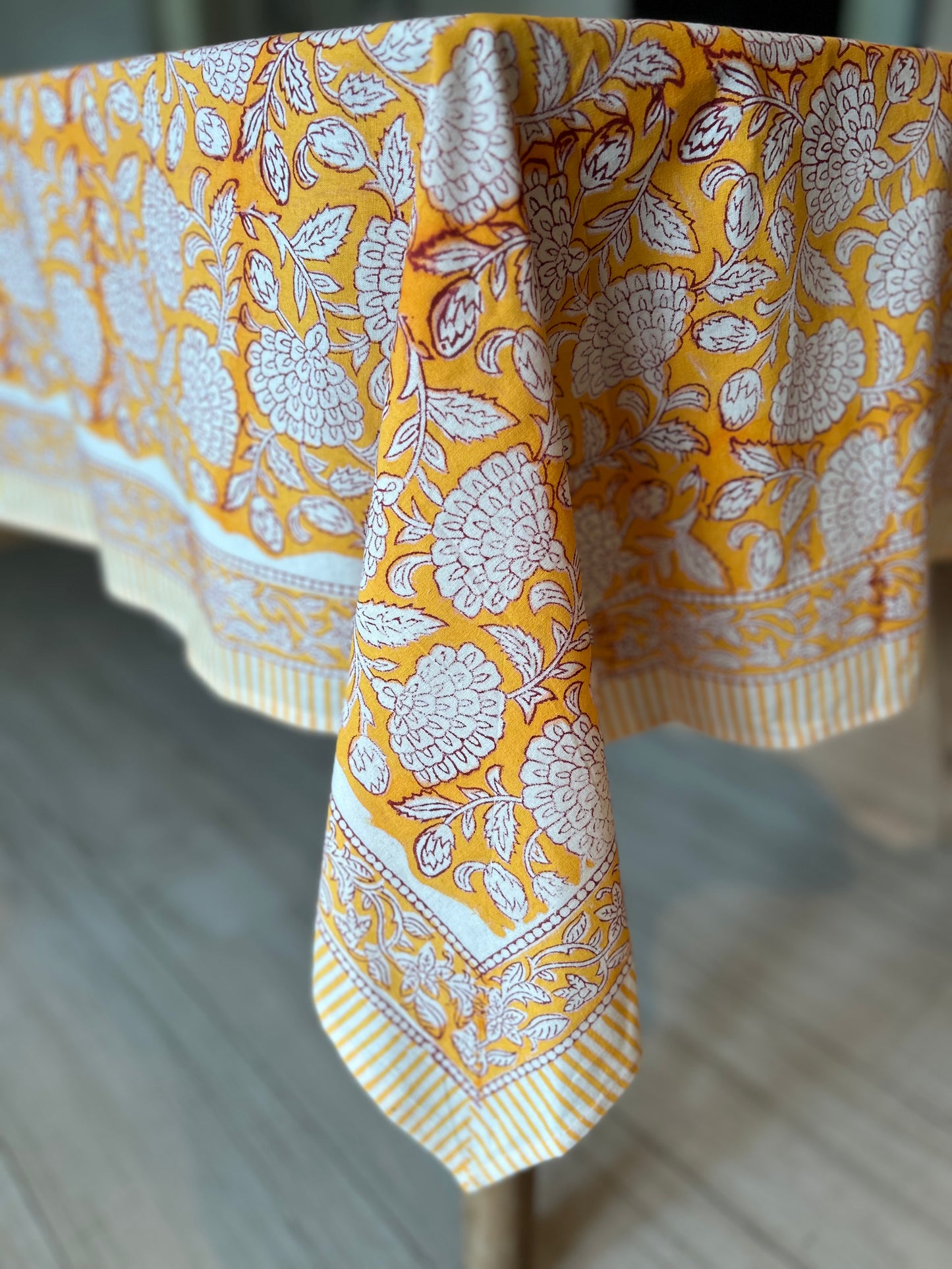 Yellow and white floral block printed table cloth