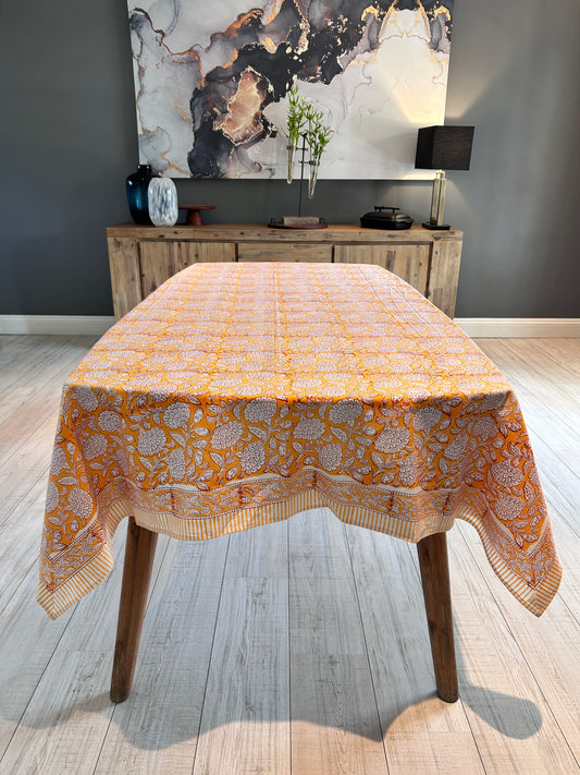 Yellow and white floral block printed table cloth