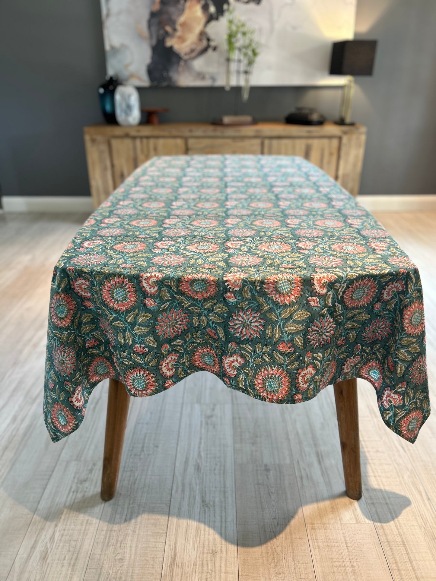 large bold stylised floral design block printed table cloth