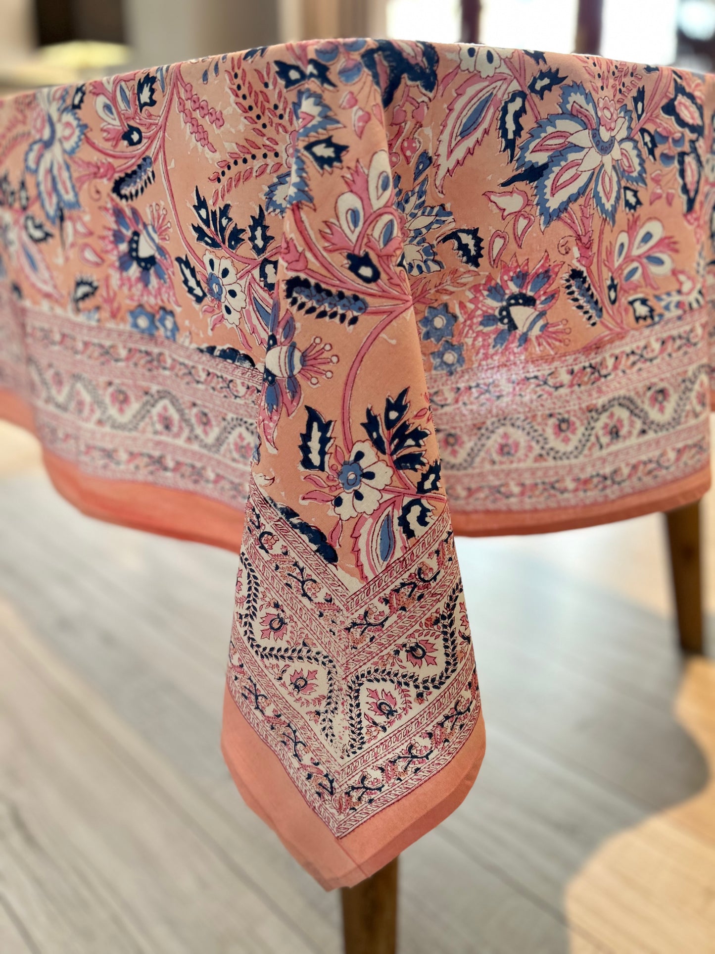 Pink and navy floral fantasy block printed table cloth
