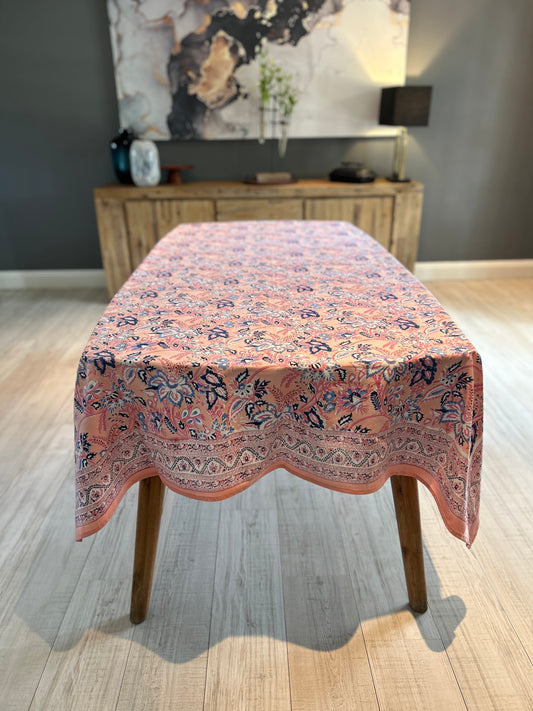 Pink and navy floral fantasy block printed table cloth