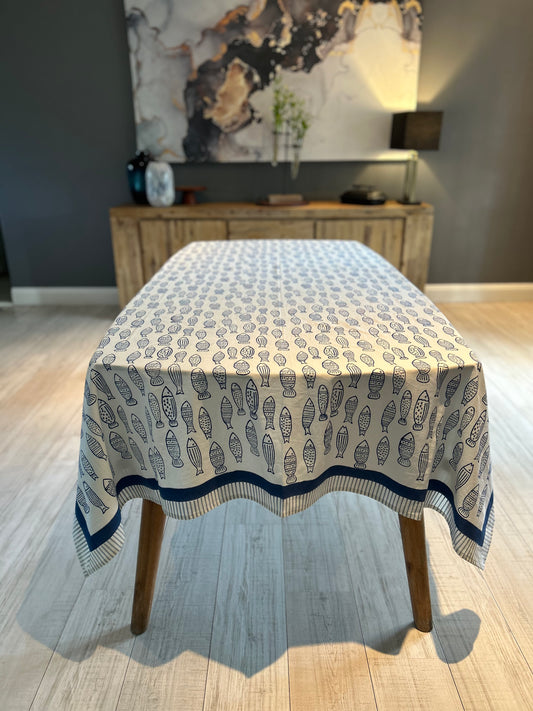 Blue and white stylised fish block printed table cloth