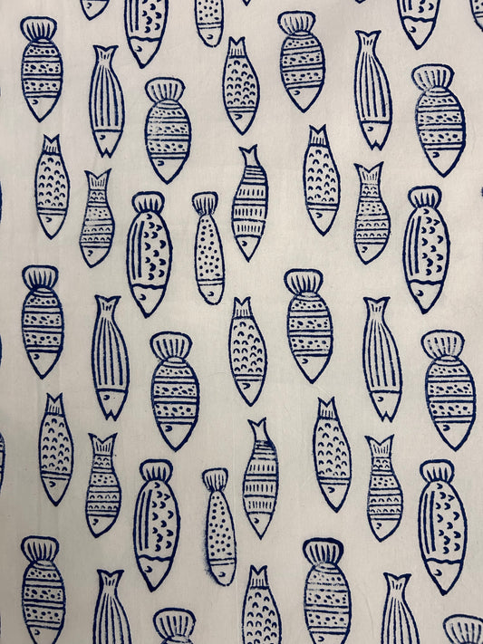 Blue and white stylised fish block printed table cloth